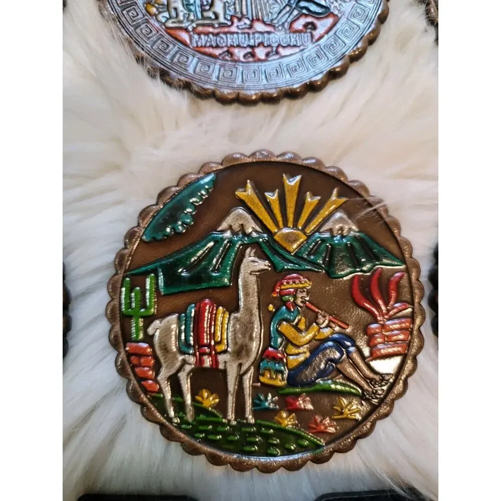 Peru Handpainted Coasters Llama Set 6 W/ Holder Folk Art Souvenir Mixed Material